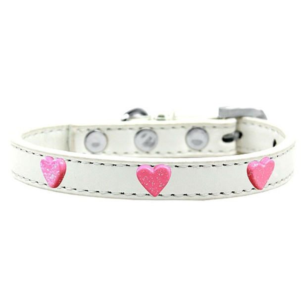 Pink Glitter Heart Widget Dog Collar - White