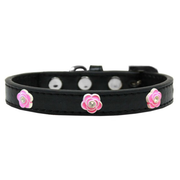 Image of one Bright Pink Rose Widget Dog Collar - Black