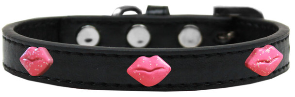 Pink Glitter Lips Widget Dog Collar - Black