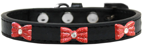 Red Glitter Bow Widget Dog Collar Black