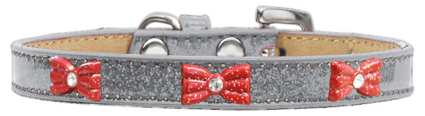 Red Glitter Bow Widget Dog Collar - Silver - Ice Cream