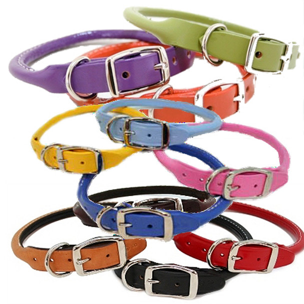 Rolled Round Leather Dog Collars - 11 Colors!