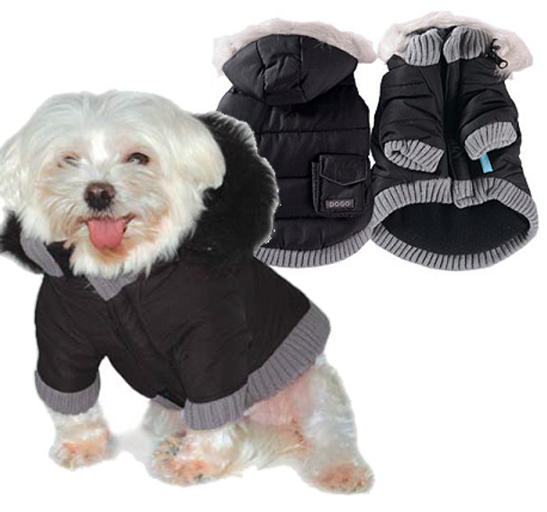Pocket Parka Dog Coat / Removable Hood - Black