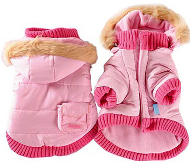 Pocket Parka Dog Coat / Removable Hood - Pink