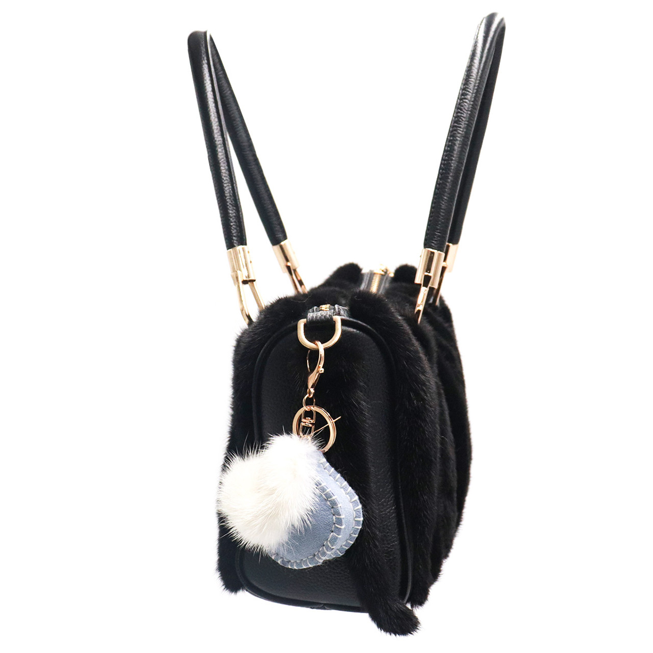 Mink Fur Handbag - Midsize - Black Mink Pom Poms