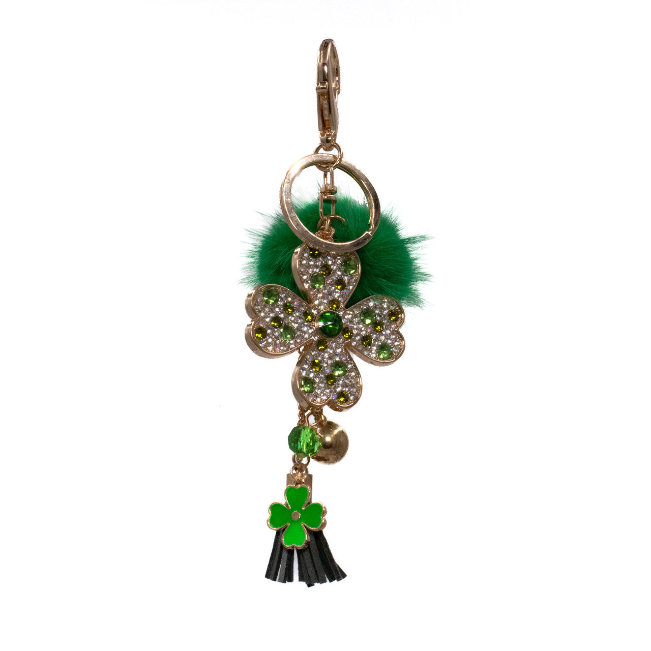 Bling Rose Keychain with Mink Fur Pom