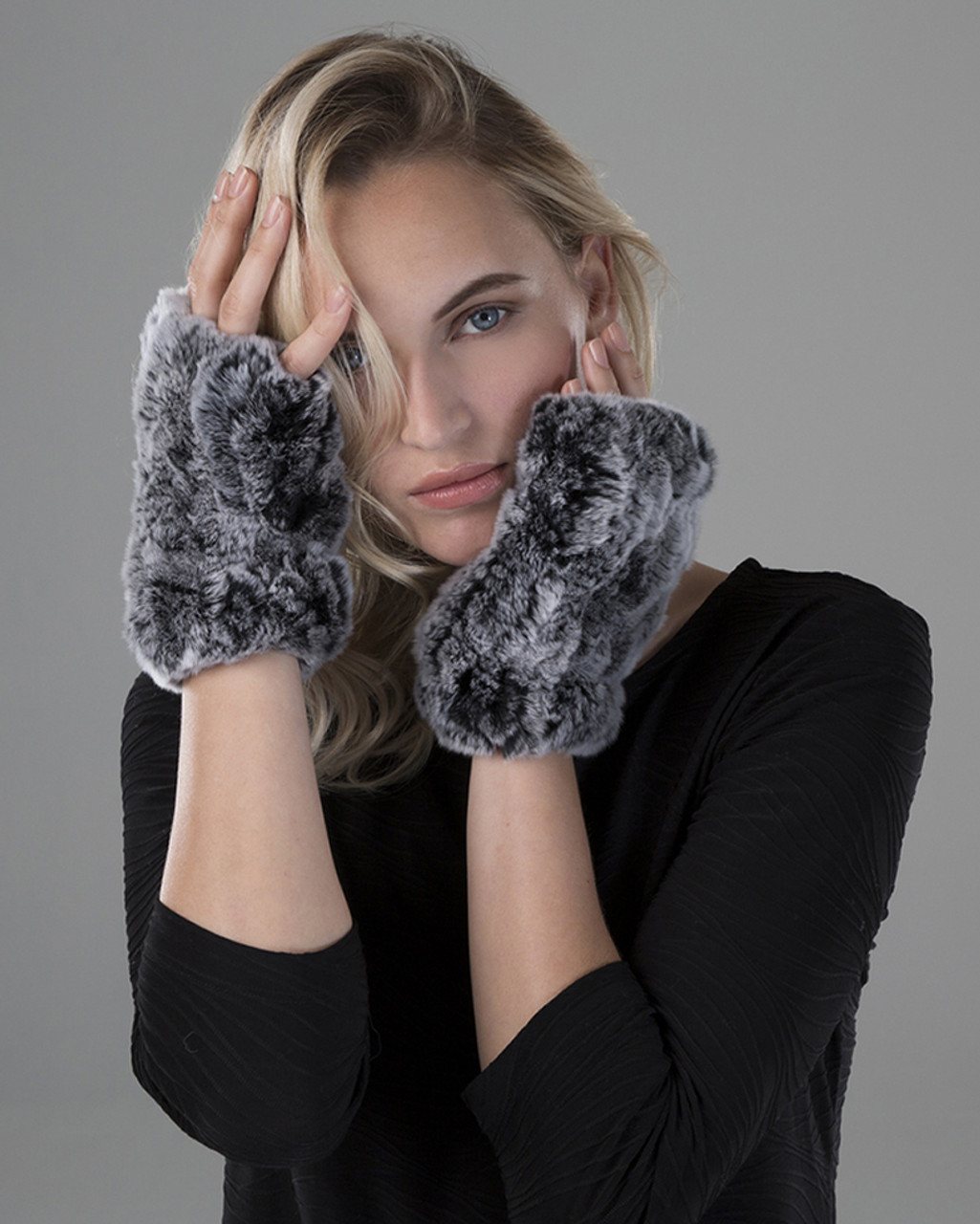 Women's Knitted Rex Rabbit Fur Fingerless Gloves