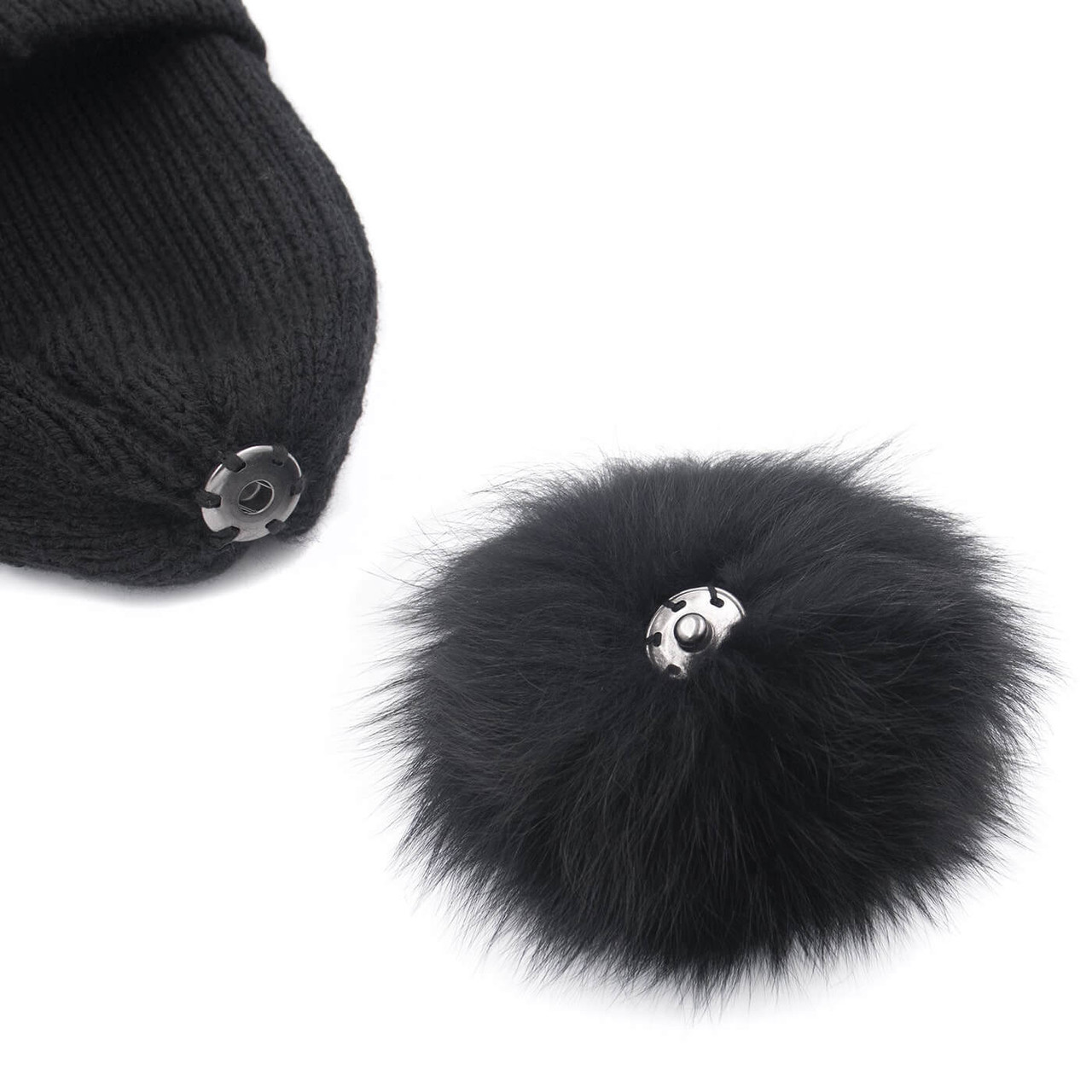 Knit Hat with Detachable Fox Fur Pom