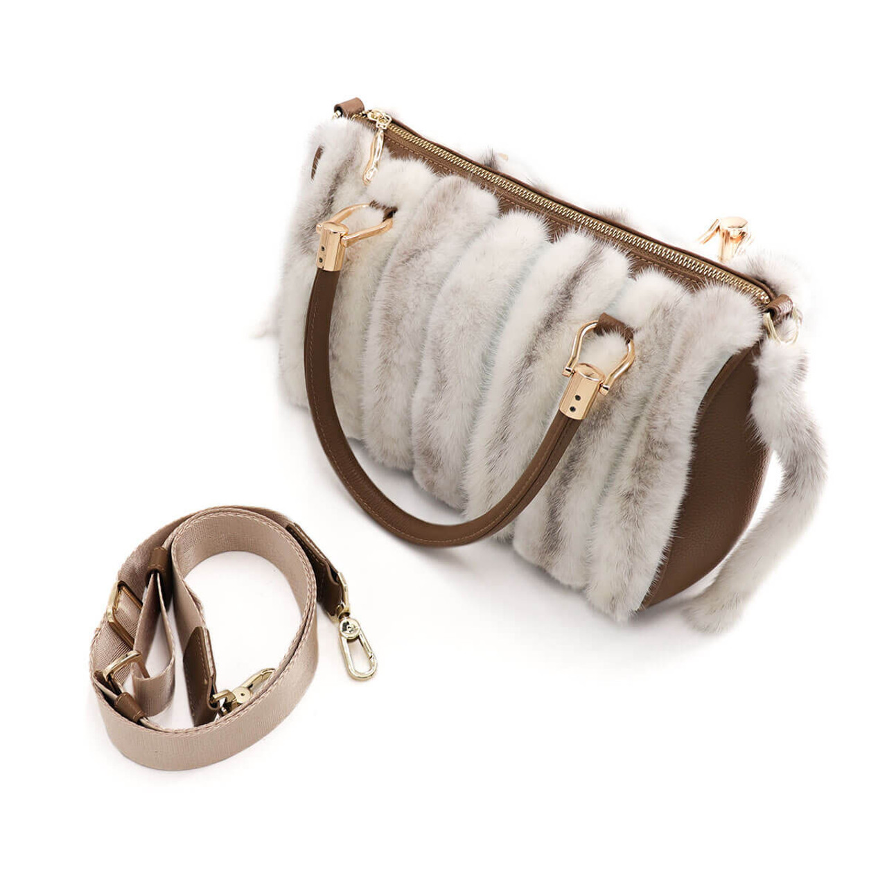  URSFUR Genuiene Mink Fur Handbag with Leather Accents