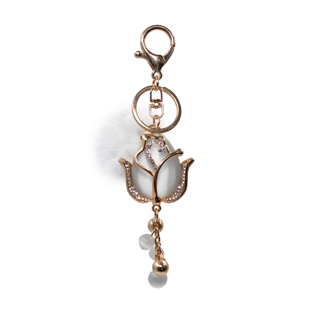 Bling Rose Keychain with Mink Fur Pom