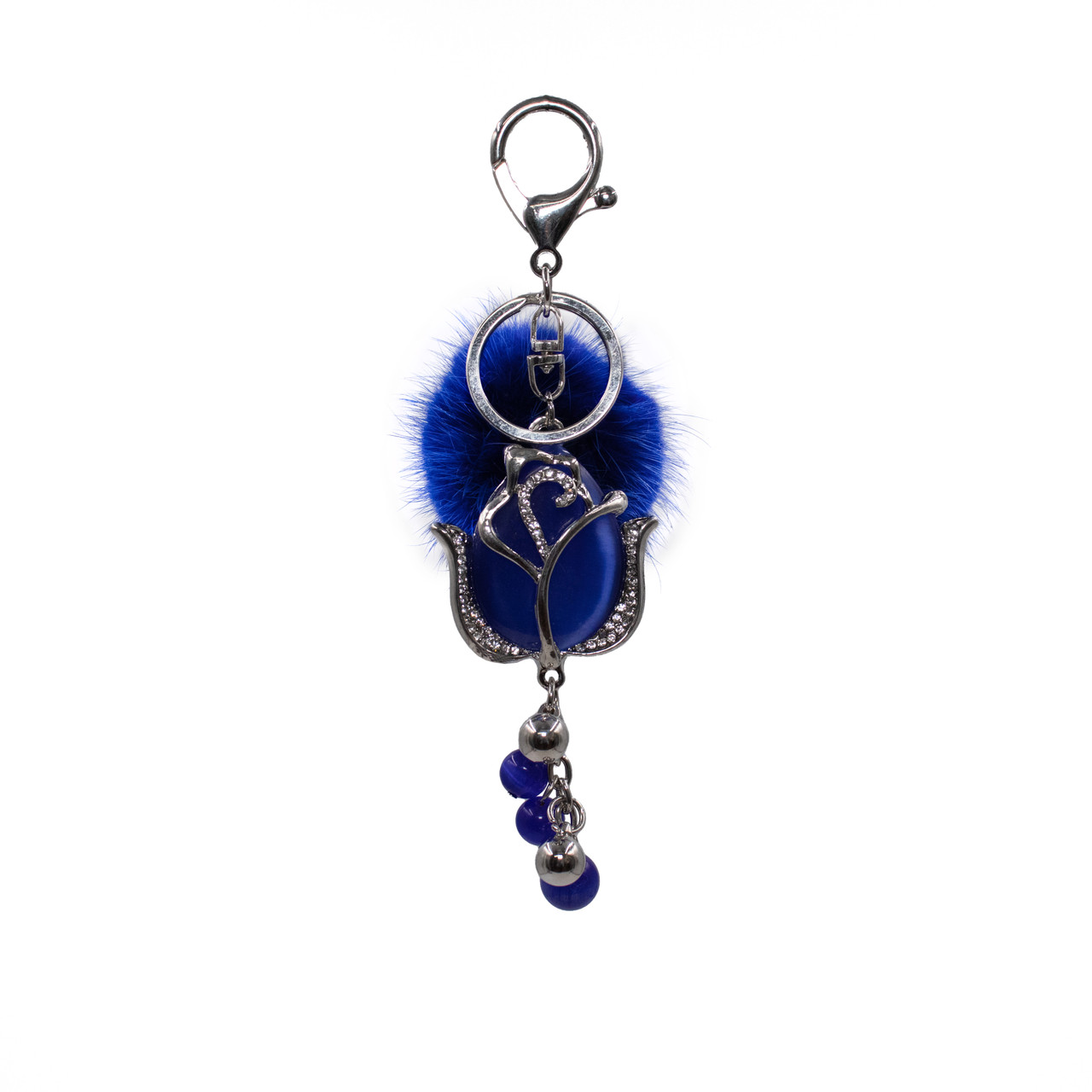 Bling Rose Keychain with Mink Fur Pom