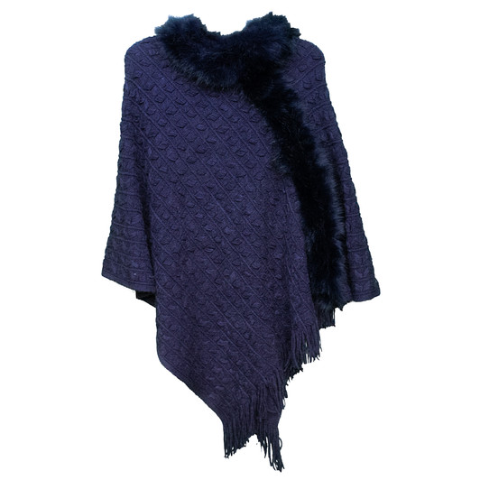 Knit Ruana with Center Braid and Faux Fur Trim