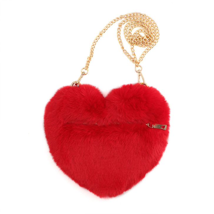 Red Heart Shaped Purse with Gold Trim and a Gold Chain Crossbody Strap