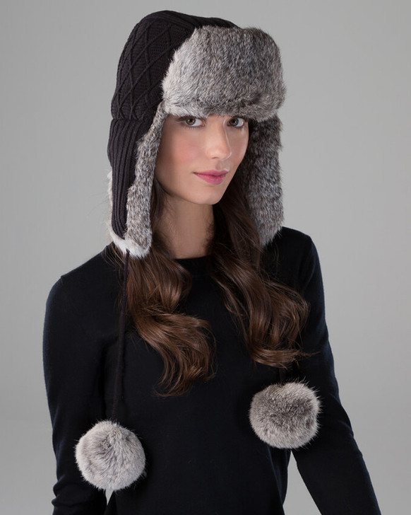 Womens Black Fox Fur Trapper Hat with Pom Poms