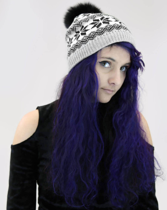 Snowflake Beanie with Faux Fur Pom Black