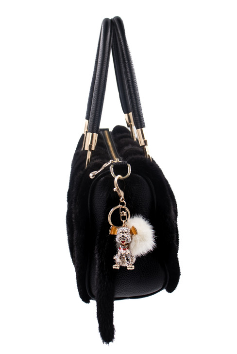 Mink Fur Bling Dog Keychain with White Pom