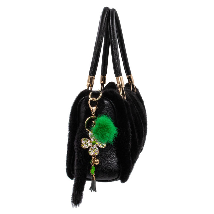 Green Mink Bling Shamrock Keychain on purse