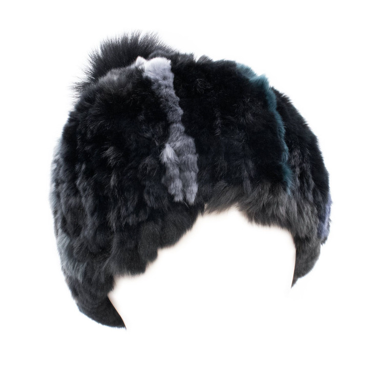Rex Rabbit Textile Knit Beanie with Fox Pom- Dark Multi/Black