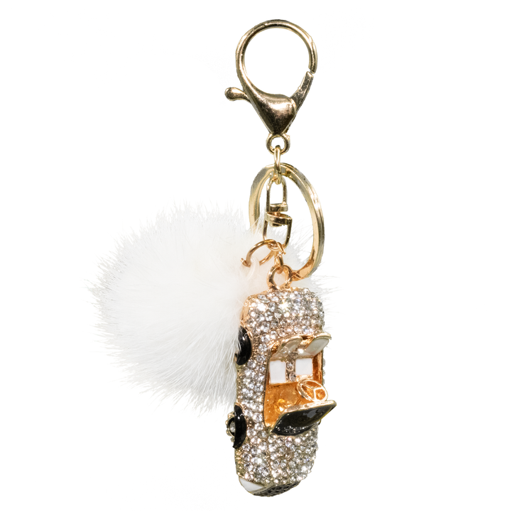 Bling Convertible Car Keychain with White Mink Fur Pom