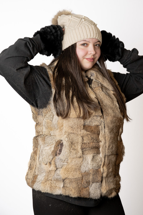 Knit Hat with Faux Fur Pom and Pearl Detail