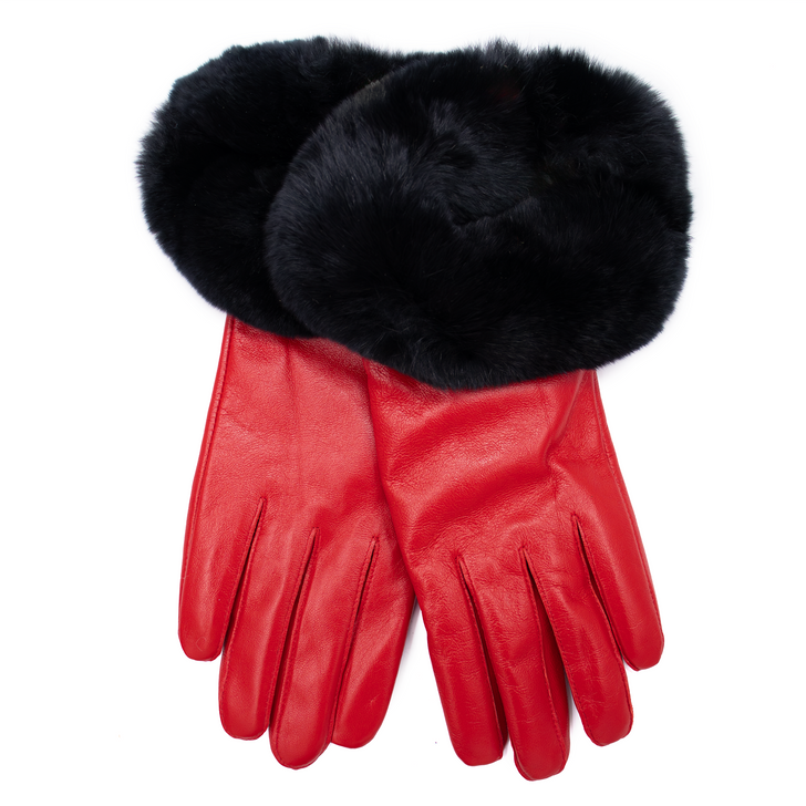 Red Leather Gloves with Black Rex Rabbit Fur Cuff