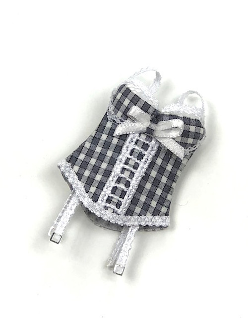 Dollshouse miniature 1/12 scale lingerie corset bodice in grey gingham Missy Miniac miniatures