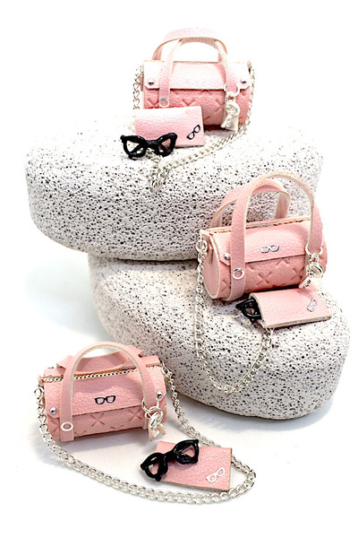 Barrel Shoulder & HandBag | Quilted Pink with Silver Accents, Zipper and Matching Glasses Pouch with Missy's signature frames | 1:12 Scale Miniature