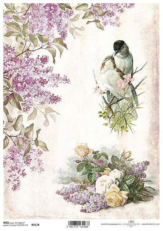 SPARROWS WITH FLORAL ROSE BOUQUET DECOUPAGE RICE PAPER A4 ITEM R1174