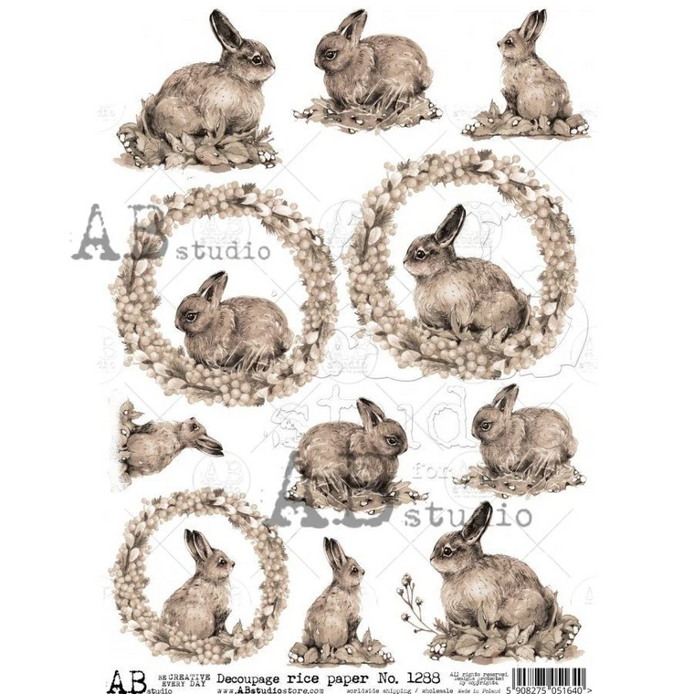 Item No. 1288 Sepia Cottontail Medallions Decoupage Rice Paper A4