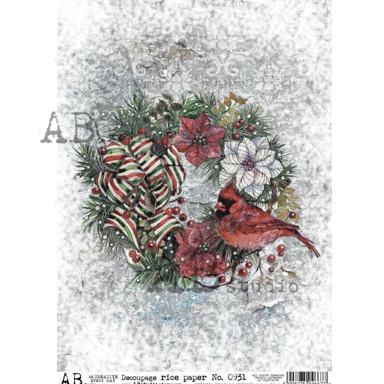 No. 0931 Christmas Wreath with Cardinal Decoupage Rice Paper A4 by AB Studio