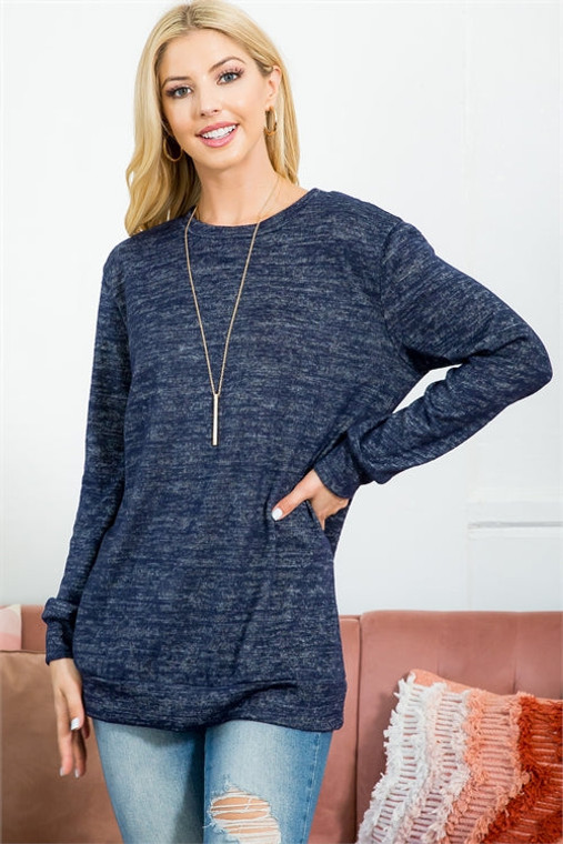 LONG SLEEVE ROUND NECK PULLOVER TOP - HEATHER NAVY