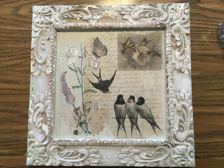 13.5” carved detail frame with Swallow Decoupage