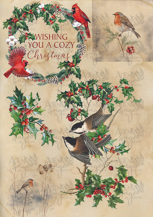 Winter Birds Tan A4 Decoupage Paper