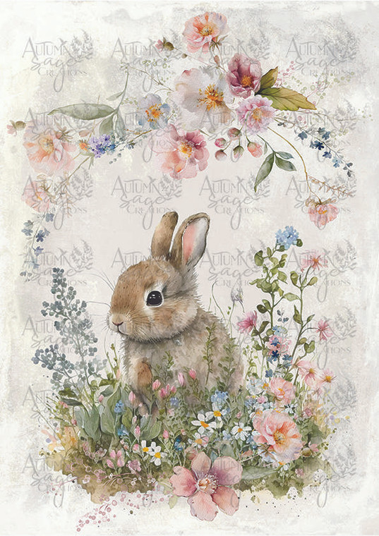 Bunny with Wild Roses A4 Autumn Sage Decoupage Paper