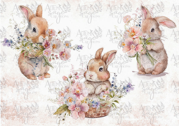 Bunnies Three A4 Autumn Sage Decoupage Paper