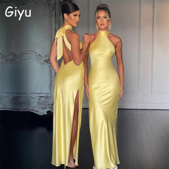 Elegant Satin Halter Dress – Sleeveless Backless Split Maxi Gown - Visible Variety
