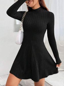 Women’s Half High Collar Cinched Dress – Slim Fit Long Sleeve Look - Visible Variety