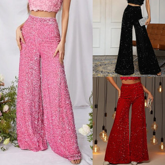 Women’s Sequined Wide Leg Trousers – Sparkly Elegant Everyday Style - Visible Variety