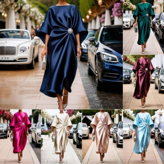 Satin Long Dress High Waist Design – Elegant Pearl Flower Irregular Hem