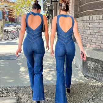 Retro Denim Jumpsuit – Women's Backless Heart Cutout One-Piece