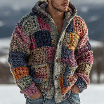 Men’s Aran Sweater Chunky Knit – Hooded Button-Up Retro Geometric Design