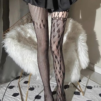 Hollow Out Patterned Tights for Women – Asymmetrical Heart & Stripe Lace Design