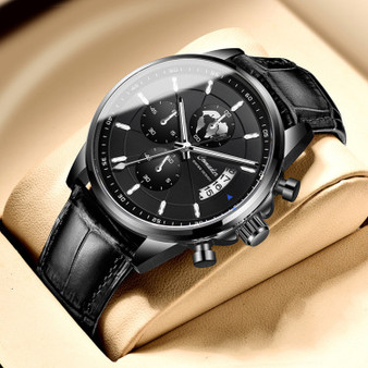 Men's Formal Wristwatch – Black Dial with Genuine Leather Strap and Automatic Quartz Movement