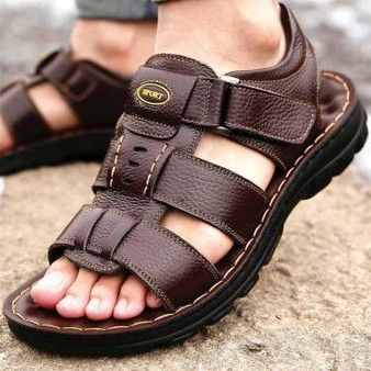 Men's Leather Sandals – Classic Roman-Style Open-Toe Design with Textured Cowhide - Visible Variety