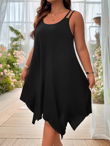 Plus Size Sleeveless Dress – Casual Strappy Midi with Asymmetrical Hem - Visible Variety