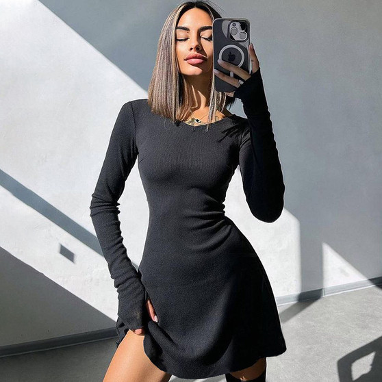 Elegant Black Short Dress – V Neck Long Sleeve Mini Dress for Women - Visible Variety