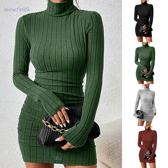 Classic Turtleneck Mini Dress for Women – Elegant Slim Bodycon Look - Visible Variety