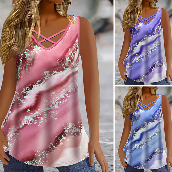 Plus Size Tank Top – Marble Print Criss Cross V-Neck Sleeveless Style - Visible Variety