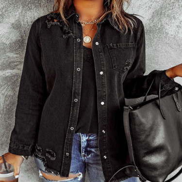 Women’s Denim Shirt Jacket – Trendy Distressed Style for Everyday Wear - Visible Variety