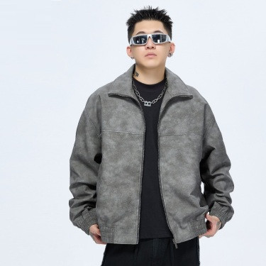 Men’s Faux Leather Jacket – Retro Stand Collar PU Style